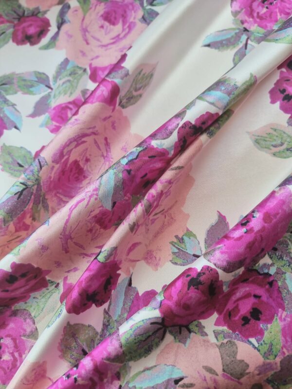 Tesatura duchesse din bumbac imprimat - design floral, Fuxia / Roz / Ivoire / Verde - imagine 9