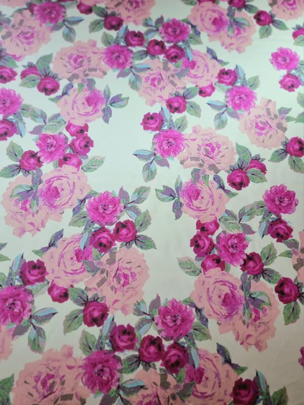 Tesatura duchesse din bumbac imprimat - design floral, Fuxia / Roz / Ivoire / Verde - imagine 4