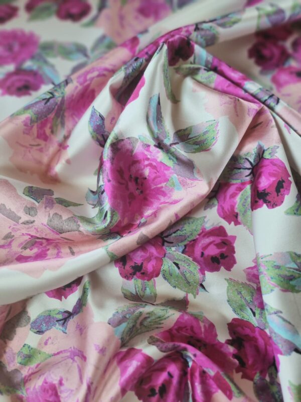 Tesatura duchesse din bumbac imprimat - design floral, Fuxia / Roz / Ivoire / Verde - imagine 6