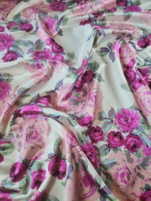 Tesatura duchesse din bumbac imprimat - design floral, Fuxia / Roz / Ivoire / Verde