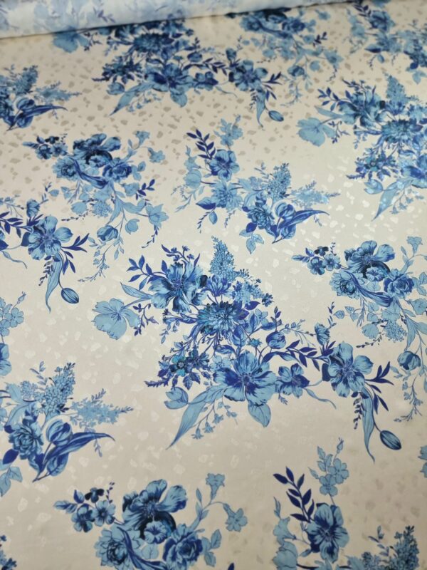 Tesatura Jacquard din matase naturală - imprimeu floral, Ivoire / Albastru - imagine 7