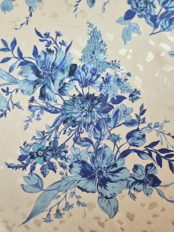Tesatura Jacquard din matase naturală - imprimeu floral, Ivoire / Albastru - imagine 10