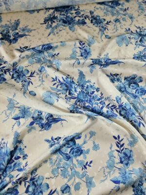 Tesatura Jacquard din matase naturală - imprimeu floral, Ivoire / Albastru