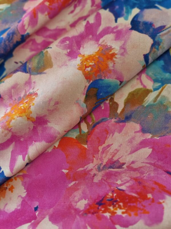 Tesatura shantung plina din matase naturală - design floral, Cyclamen / Albastru / Ivoire - imagine 8