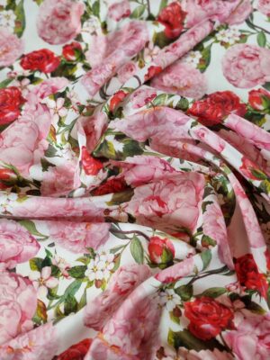 Tesatura din bumbac fin - triplu voal cu design floral, Roz / Ivoire / Verde
