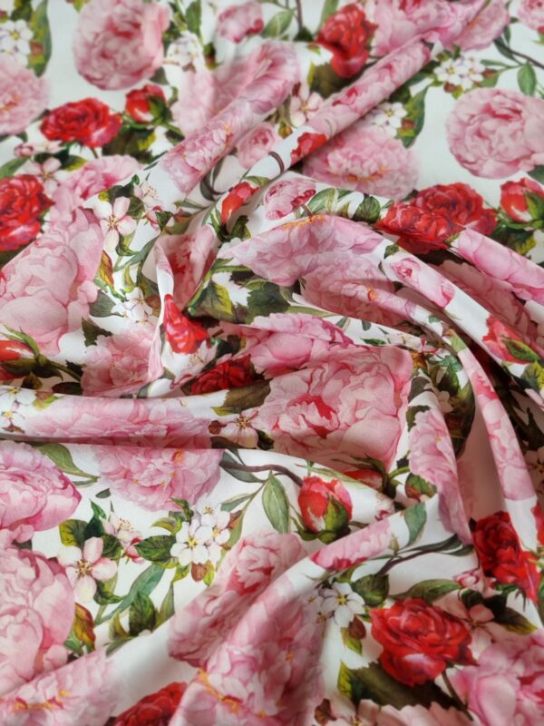 Tesatura din bumbac fin - triplu voal cu design floral, Roz / Ivoire / Verde