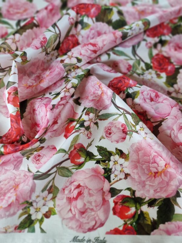 Tesatura din bumbac fin - triplu voal cu design floral, Roz / Ivoire / Verde - imagine 3