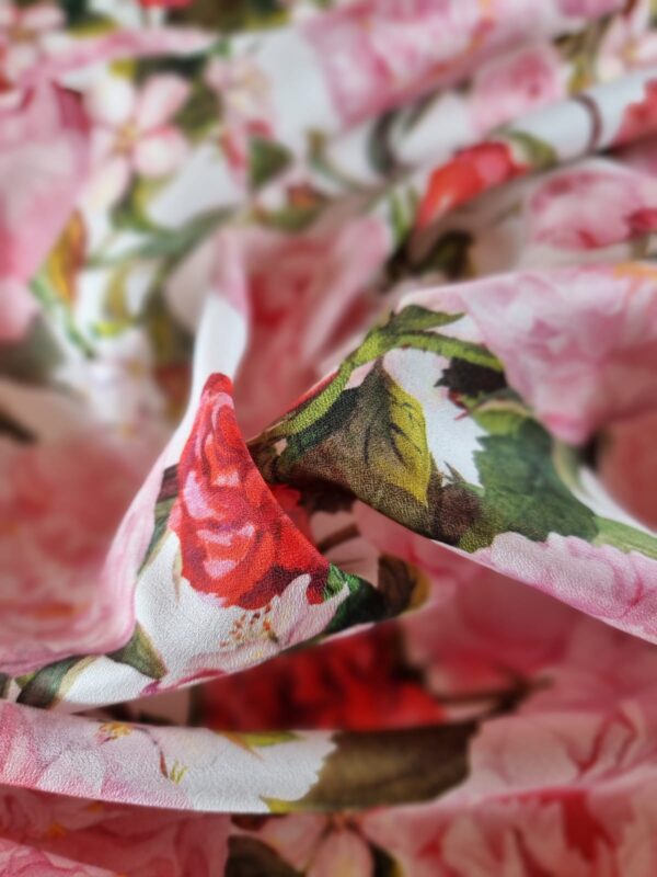 Tesatura din bumbac fin - triplu voal cu design floral, Roz / Ivoire / Verde - imagine 4