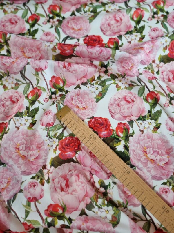 Tesatura din bumbac fin - triplu voal cu design floral, Roz / Ivoire / Verde - imagine 5