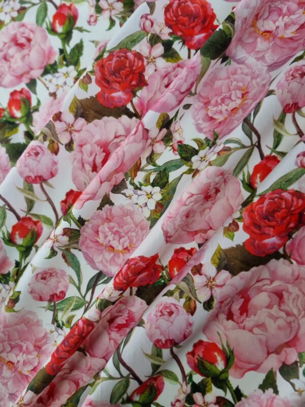 Tesatura din bumbac fin - triplu voal cu design floral, Roz / Ivoire / Verde - imagine 6