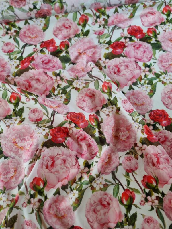 Tesatura din bumbac fin - triplu voal cu design floral, Roz / Ivoire / Verde - imagine 9