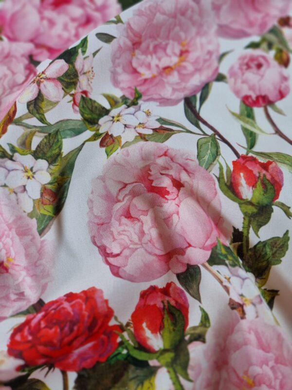 Tesatura din bumbac fin - triplu voal cu design floral, Roz / Ivoire / Verde - imagine 7