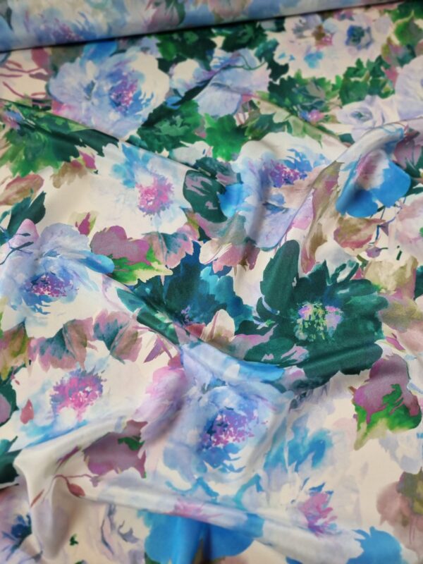 Tesatura crepe de Chine din matase naturala - design floral,  Albastru, Roz, Verde, Lila - imagine 2