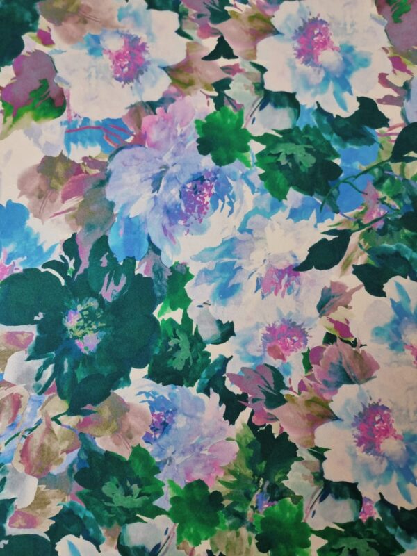 Tesatura crepe de Chine din matase naturala - design floral,  Albastru, Roz, Verde, Lila - imagine 3