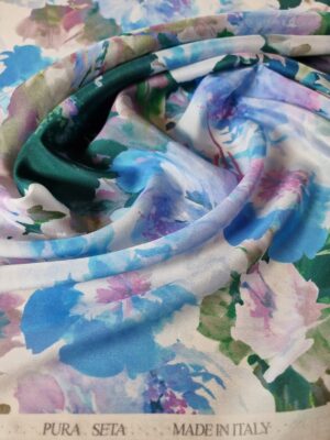 Tesatura crepe de Chine din matase naturala - design floral,  Albastru, Roz, Verde, Lila