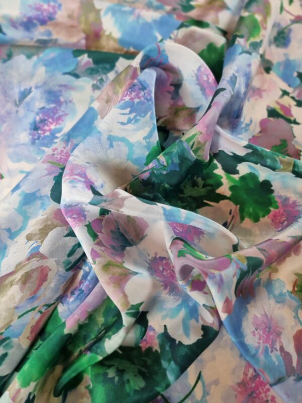 Tesatura crepe de Chine din matase naturala - design floral,  Albastru, Roz, Verde, Lila - imagine 7