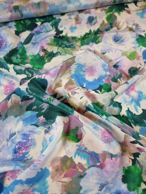 Tesatura crepe de Chine din matase naturala - design floral,  Albastru, Roz, Verde, Lila - imagine 4