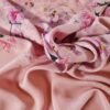 Tesatura crepe de Chine din matase naturala - design floral pictural, Cyclamen pe fond Roz fondant - imagine 2