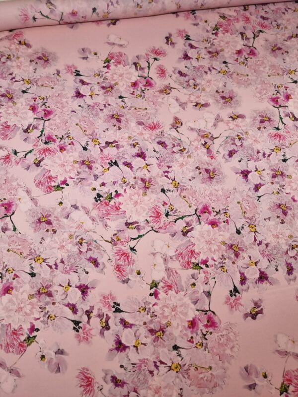 Tesatura crepe de Chine din matase naturala - design floral pictural, Cyclamen pe fond Roz fondant - imagine 9