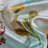 Tesatura crepe de Chine din matase naturala cu imprimeu floral multicolor pe fond Verde / Ivoire - imagine 3