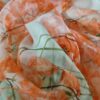 Tesatura Organza din matase naturala Imprimată cu lalele portocalii pe fond verde-ivoire