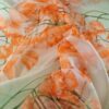 Tesatura Organza din matase naturala Imprimată cu lalele portocalii pe fond verde-ivoire - imagine 4