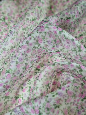 Tesatura Organza din matase naturala - design floral, Roz pe fond Ivoire