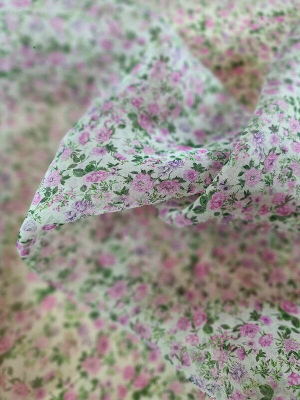 Tesatura Organza din matase naturala - design floral, Roz pe fond Ivoire - imagine 6