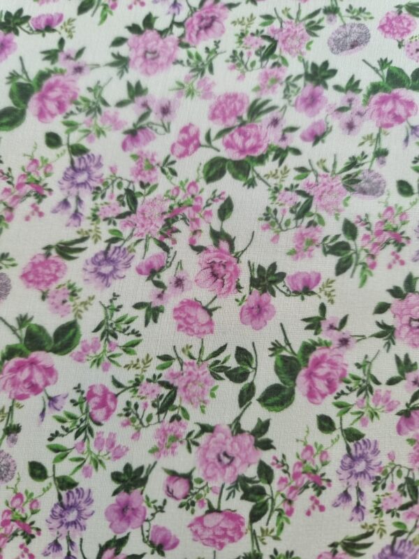 Tesatura Organza din matase naturala - design floral, Roz pe fond Ivoire - imagine 7