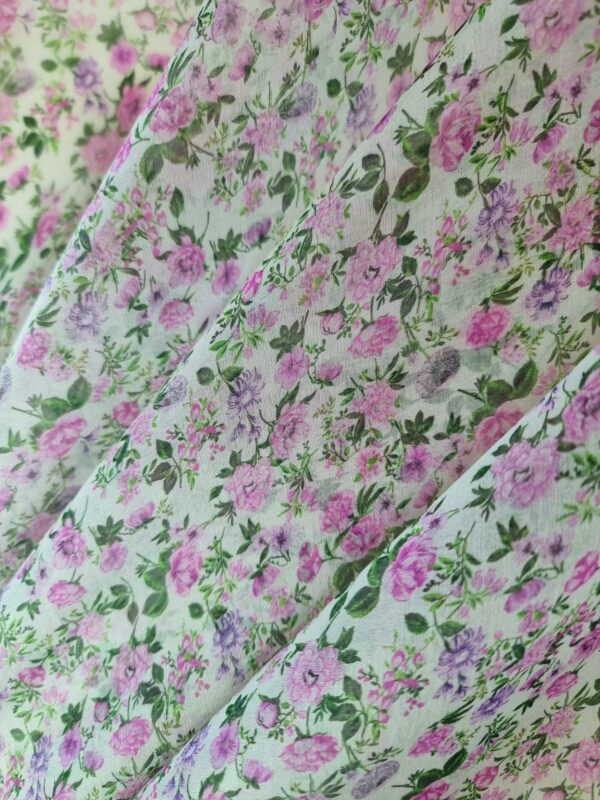 Tesatura Organza din matase naturala - design floral, Roz pe fond Ivoire - imagine 4