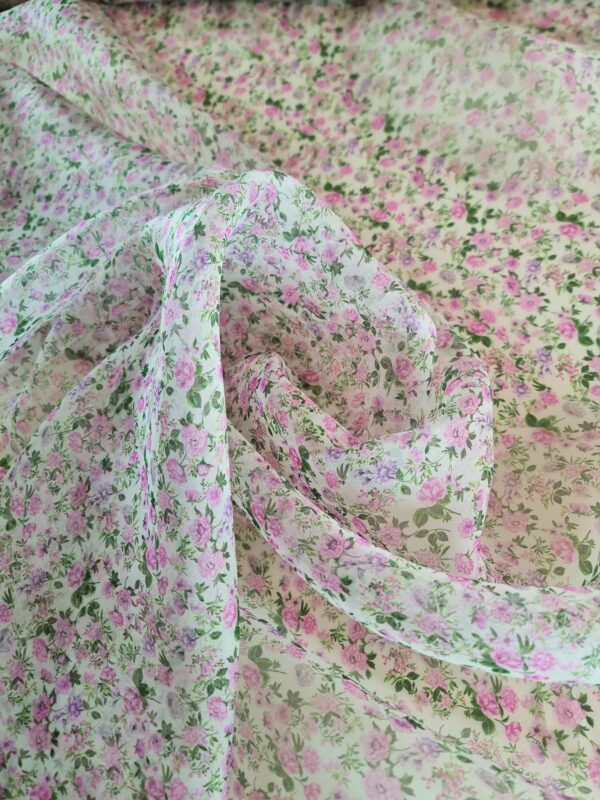 Tesatura Organza din matase naturala - design floral, Roz pe fond Ivoire - imagine 5