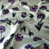 Tesatura twill din matase naturala - design cu flori Violet pe fond Gri - Verzui