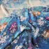 Voal Georgette din matase naturala - tip panou - design floral, Albastru / Alb