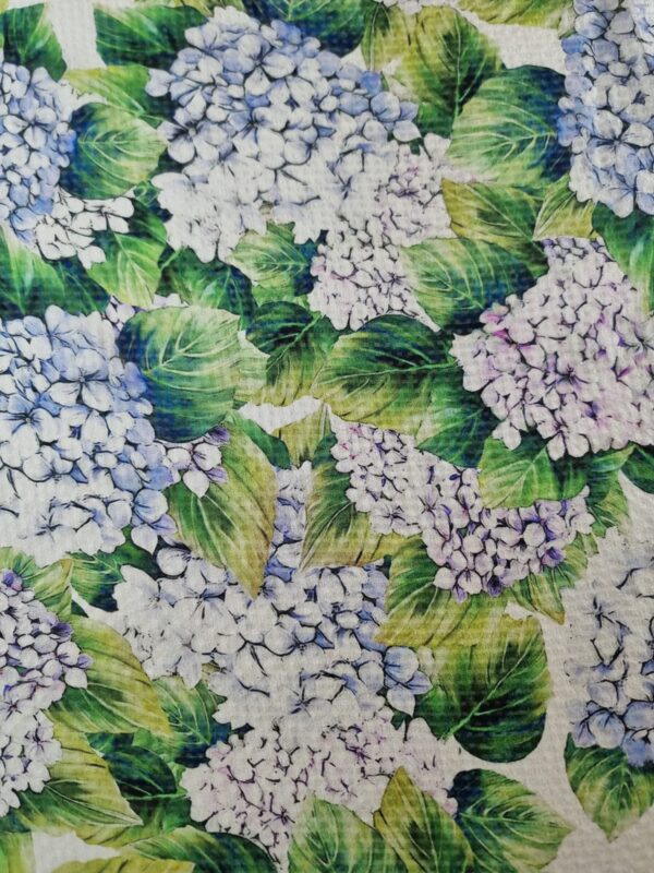 Voal din matase naturala - Imprimeu floral cu hortensii Violet și frunze Verzi - imagine 6