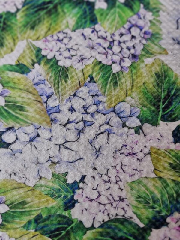Voal din matase naturala - Imprimeu floral cu hortensii Violet și frunze Verzi - imagine 7