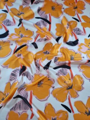 Voal satinat din matase naturala - design floral, Portocaliu / Ivoire / Roz / Negru