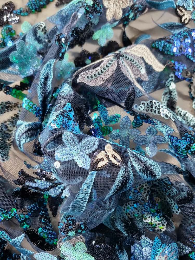 Broderie cu paiete pe suport de tulle Bleumarin usor elastica , brodata cu flori in nuanțe de albastru - imagine 11