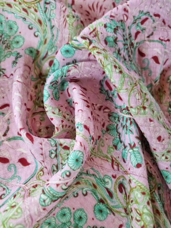 Tesatura dublu voal – mixt cu matase naturala,  design floral,  Roz fondant / Verde fistic / Grena