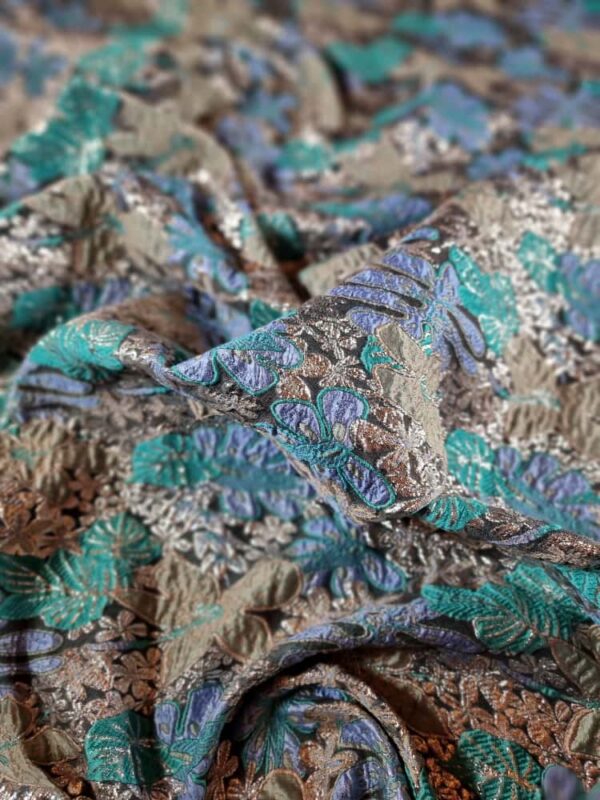 Tesatura Jacquard – design floral, Turcoaz / Olive / Lila / Auriu