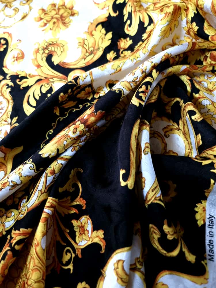 Tesatura Jacquard tip matlase din viscoza - design royal, Galben / Negru / Ivoire - imagine 2