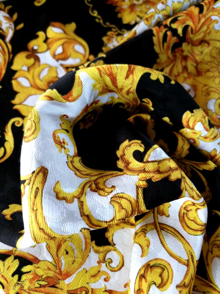 Tesatura Jacquard tip matlase din viscoza - design royal, Galben / Negru / Ivoire - imagine 3