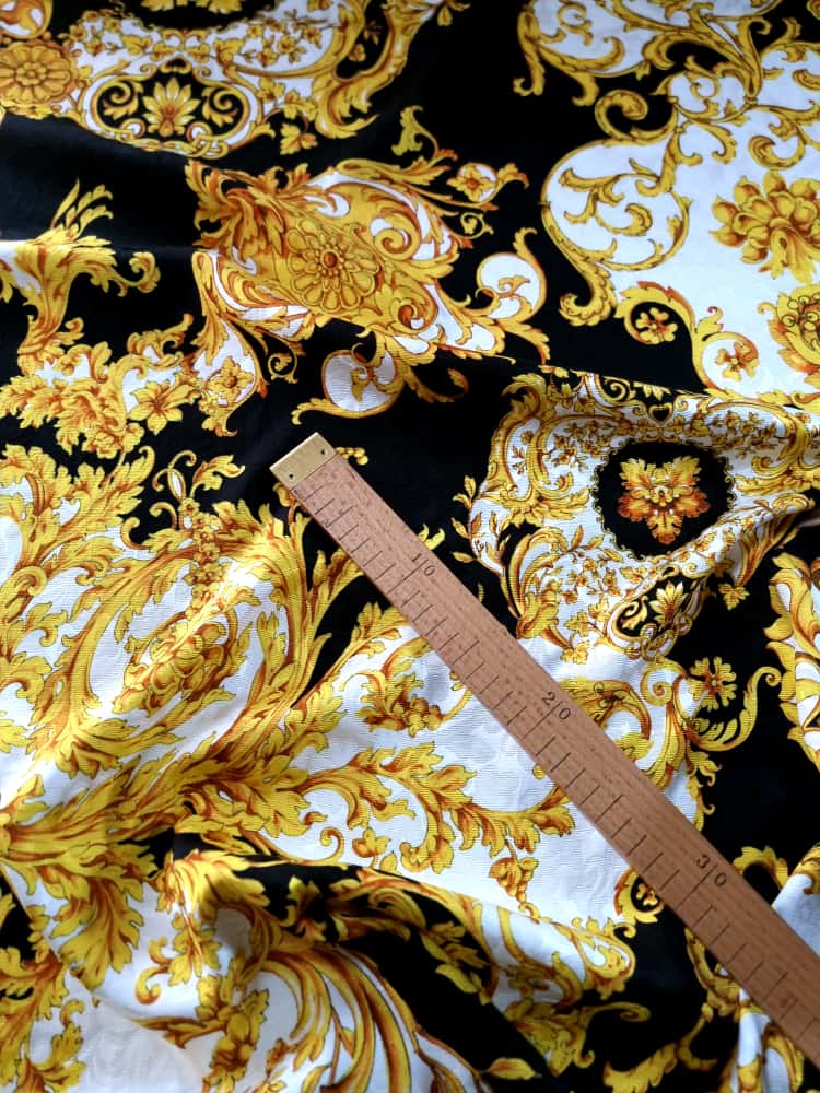 Tesatura Jacquard tip matlase din viscoza - design royal, Galben / Negru / Ivoire - imagine 7