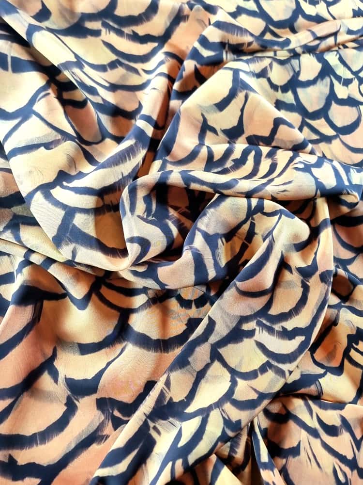 Matase naturala crepe de chine - Imprimeu cu pene Galben - mustar si Negru - imagine 4