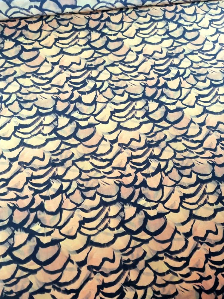 Matase naturala crepe de chine - Imprimeu cu pene Galben - mustar si Negru - imagine 5