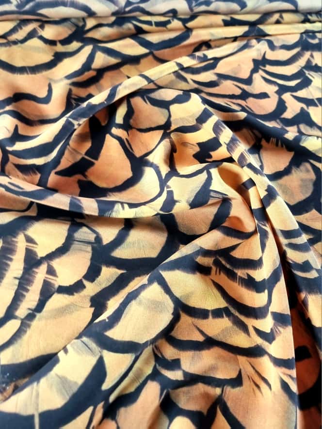 Matase naturala crepe de chine - Imprimeu cu pene Galben - mustar si Negru - imagine 2