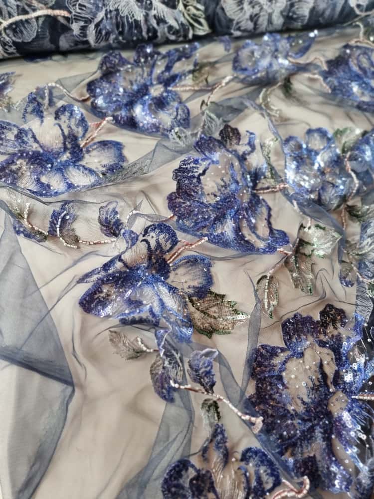 Tesatura brodata cu paiete si margele pe suport de tulle elastic - floral, Albastru-indigo / Bleumarin - imagine 10