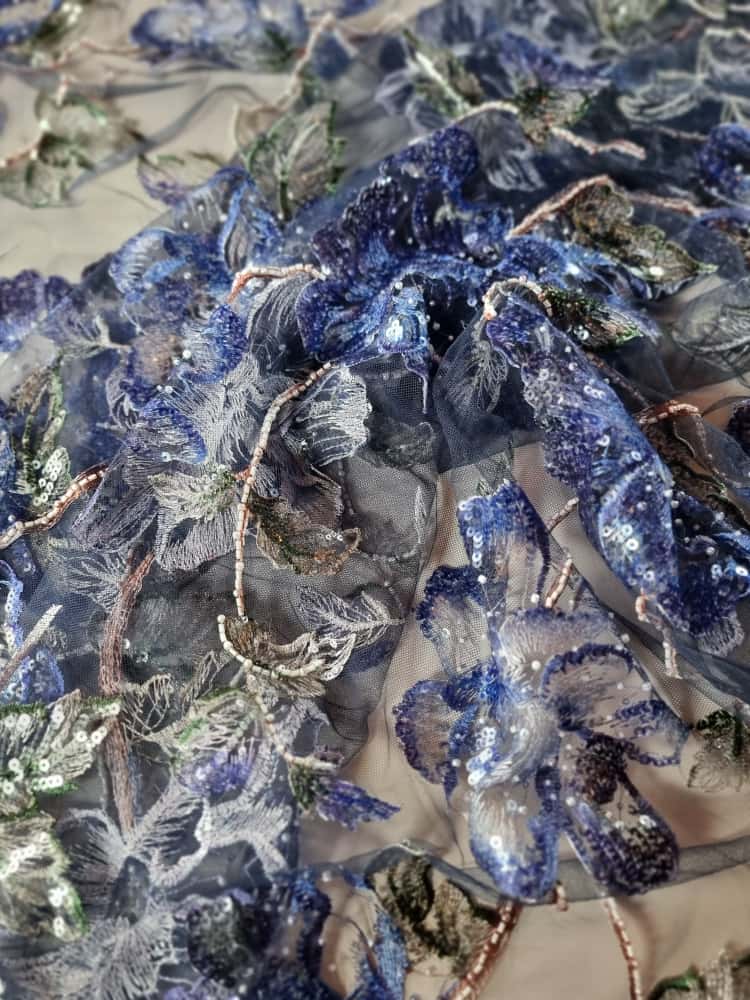 Tesatura brodata cu paiete si margele pe suport de tulle elastic - floral, Albastru-indigo / Bleumarin - imagine 6