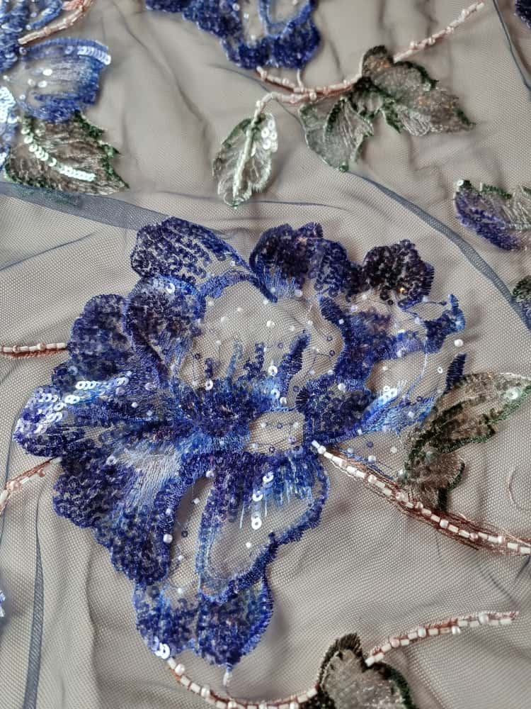 Tesatura brodata cu paiete si margele pe suport de tulle elastic - floral, Albastru-indigo / Bleumarin - imagine 8