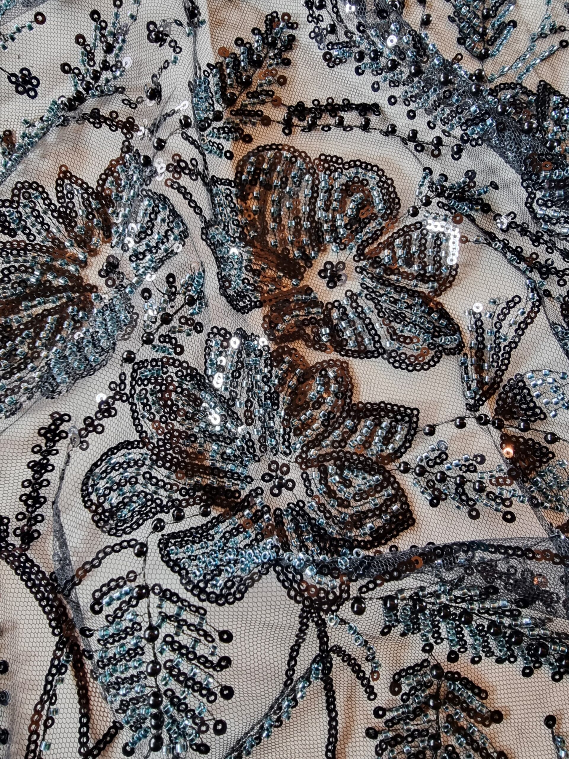 Tesatura brodata cu aplicații de paiete si mărgele mici pe suport de tulle elastic, Negru / Bleumarin - imagine 2