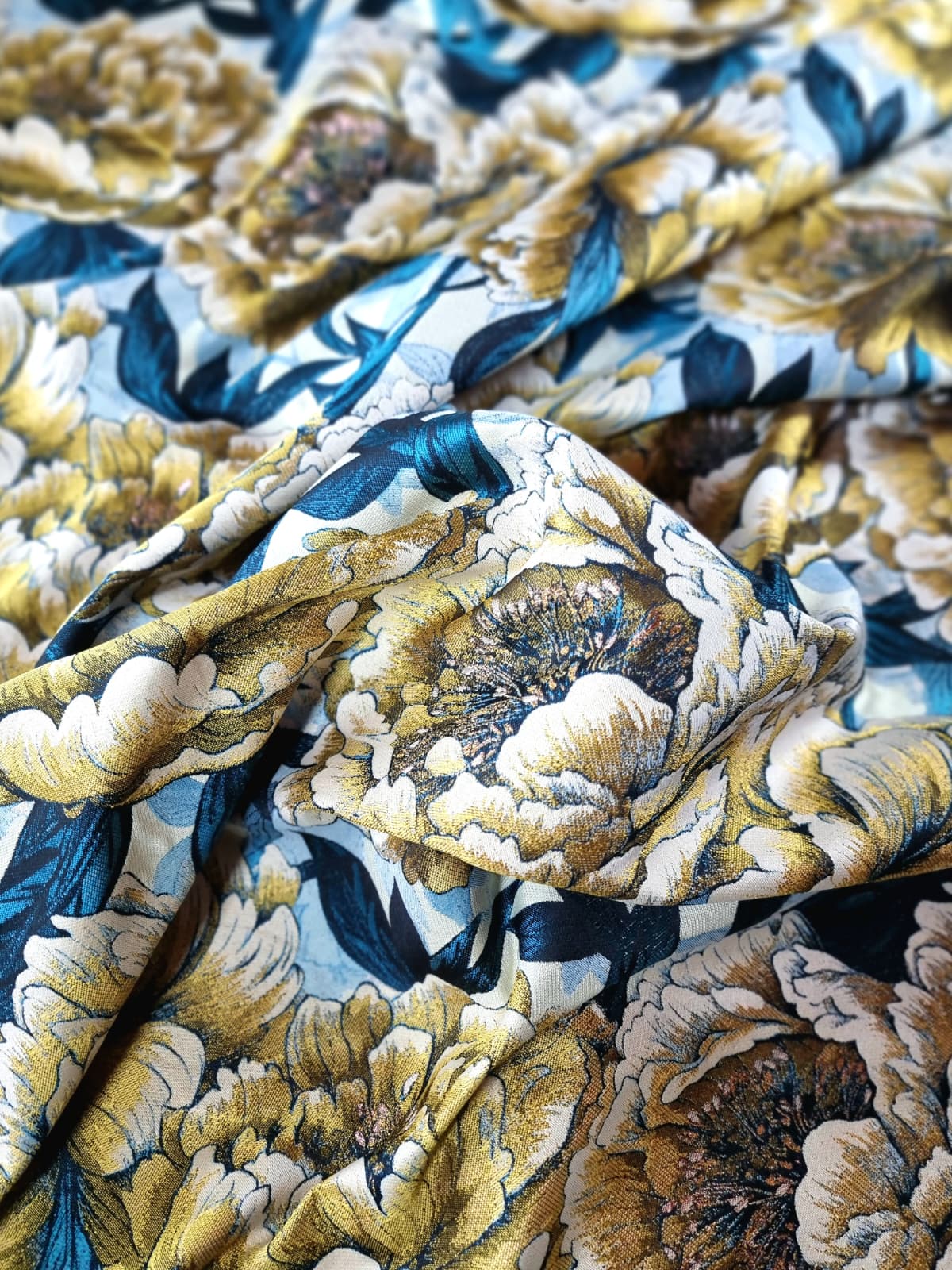 Tesatura Brocart premium cu insertii de fir lurex - design floral, Galben - mustar, Albastru - petrol - imagine 7